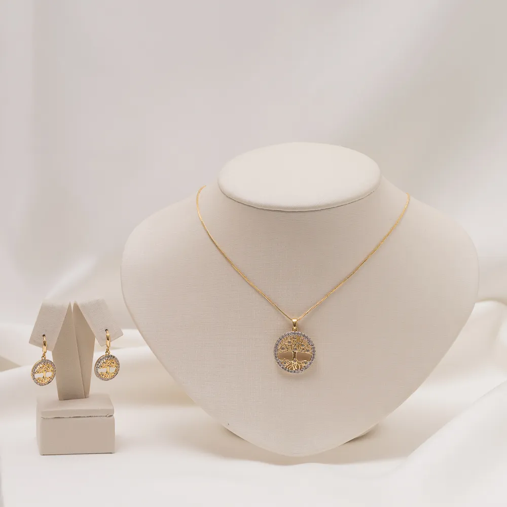CONJUNTO ARVORE DA VIDA COM CANETA RÓDIO BRANCO BANHO OURO 18K