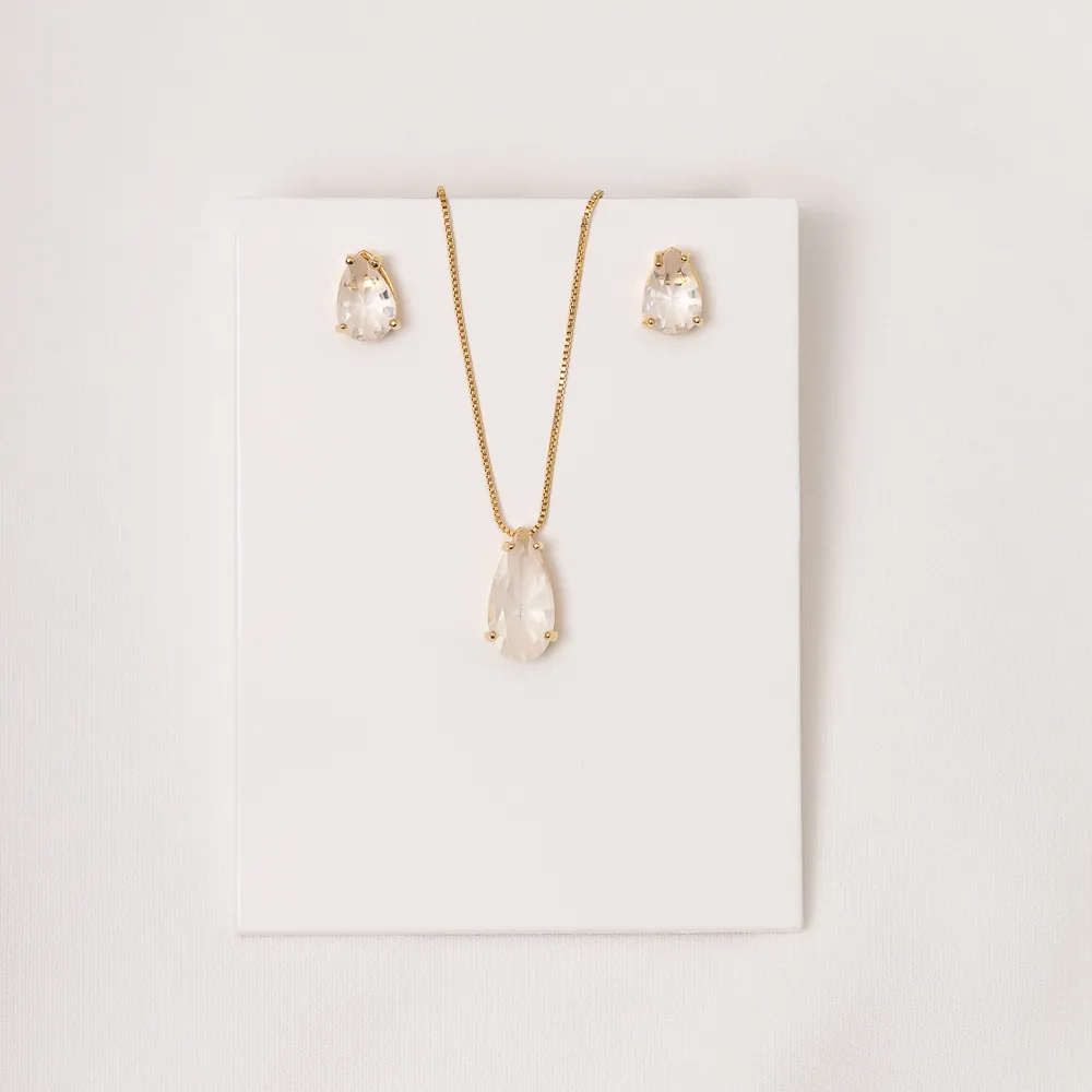 CONJUNTO CRISTAL BRANCO M BANHO OURO 18K