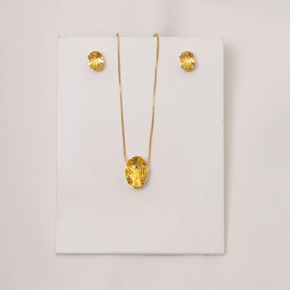CONJUNTO CRISTAL OVAL AMARELO BANHO OURO 18K