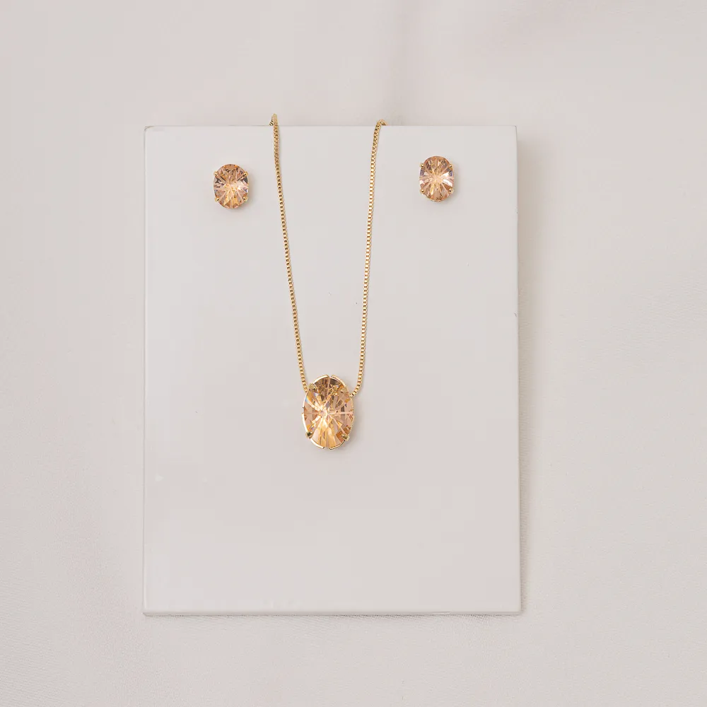 CONJUNTO CRISTAL OVAL ROSÉ BANHO OURO 18K
