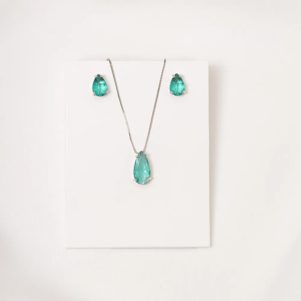 CONJUNTO CRISTAL VERDE M BANHO RÓDIO OURO BRANCO