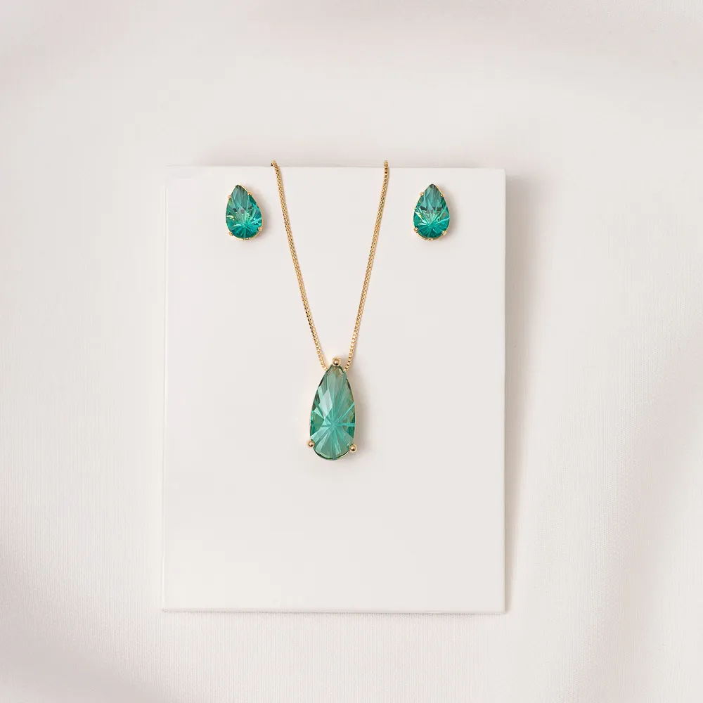 CONJUNTO GOTA VERDE G BANHO OURO 18K