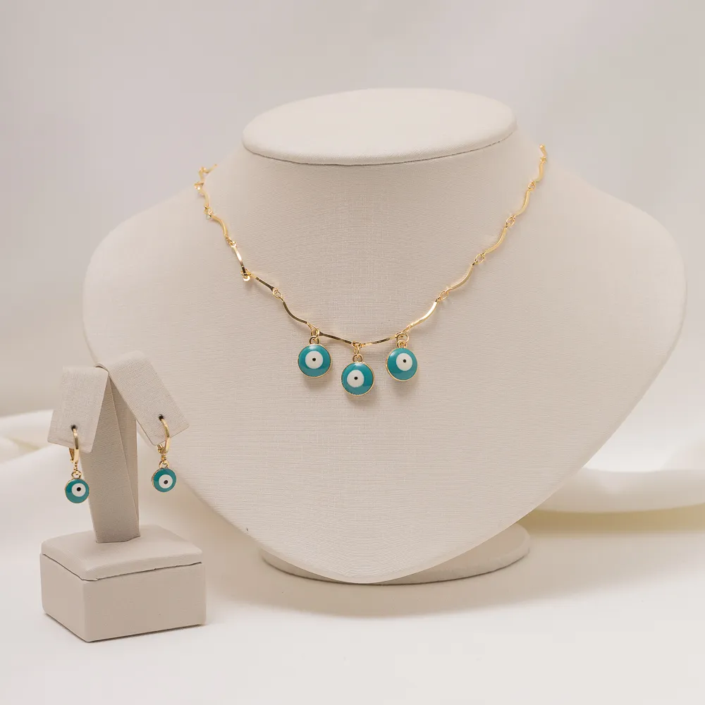 CONJUNTO OLHO GREGO VERDE BANHO OURO 18K