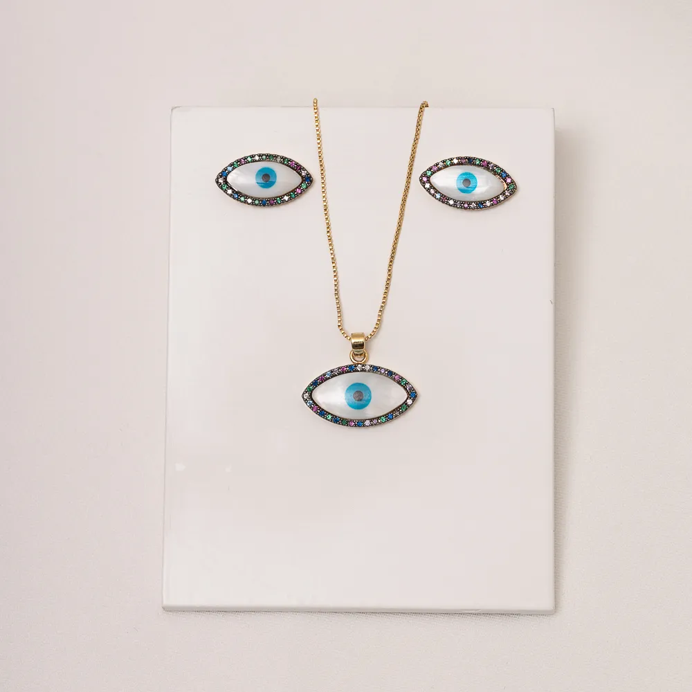 CONJUNTO OLHO GREGO ZIRCÔNIA COLORIDAS BANHO OURO 18K