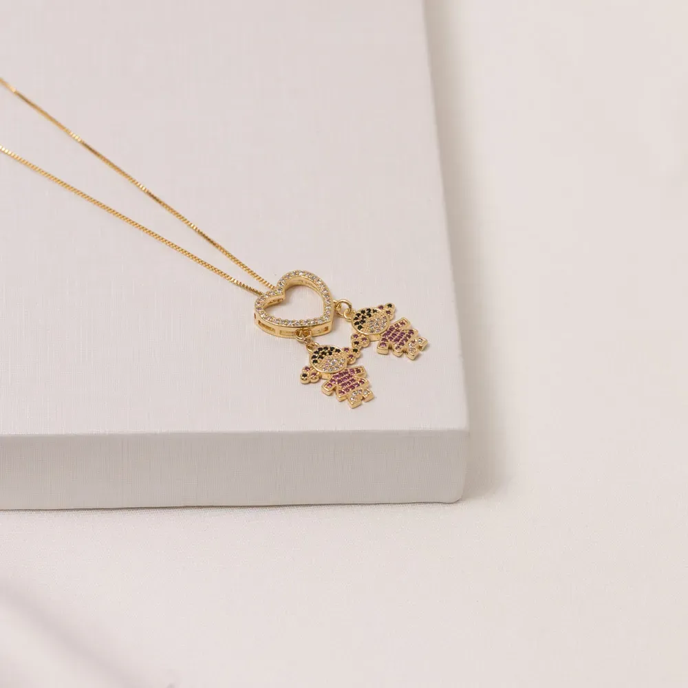 COLAR DUAS MENINAS COM ZIRÔNIAS COLORIDAS BANHO OURO 18K