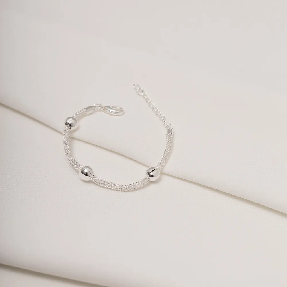 PULSEIRA BOLINHAS COM CORRENTE OCA ARAMADA BANHO PRATA