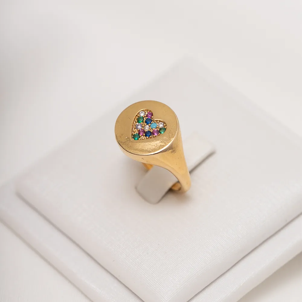 ANEL CORAÇÃO COM ZIRCÔNIA COLORIDA BANHO OURO 18K