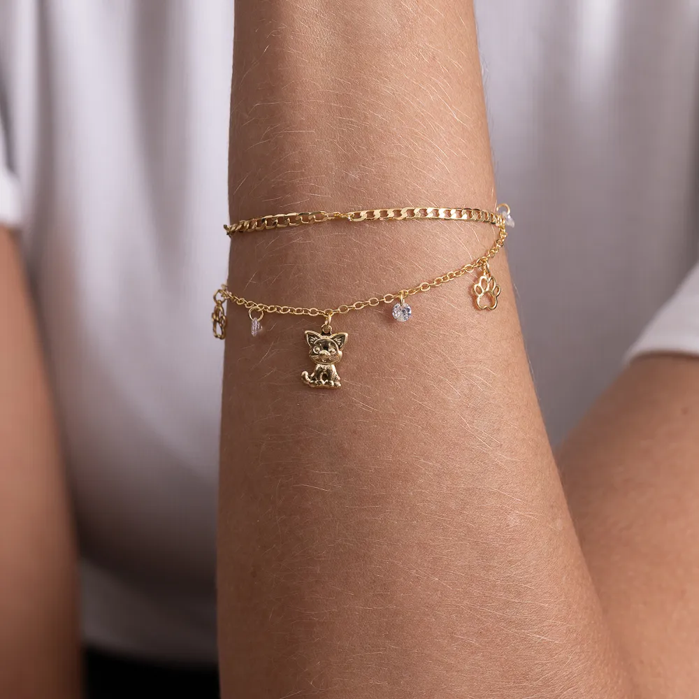 PULSEIRA CORRENTE DUPLA COM GATINHO BANHO OURO 18K