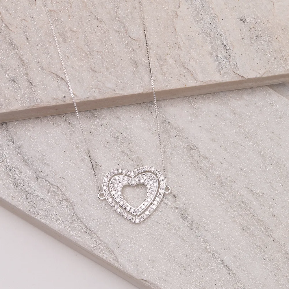 COLAR CORAÇÃO COM ZIRCÔNIA CRISTAL BANHO PRATA