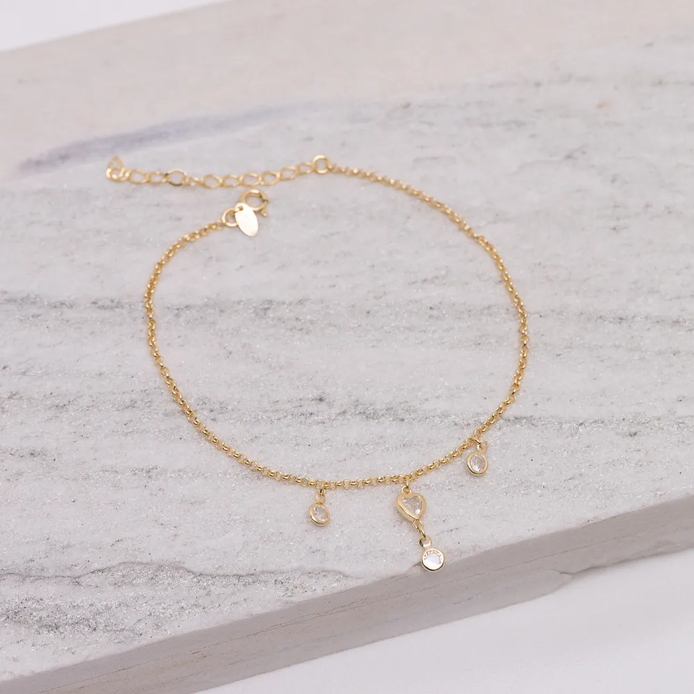 TORNOZELEIRA COM CORAÇÃO E CRISTAL BANHO OURO 18K