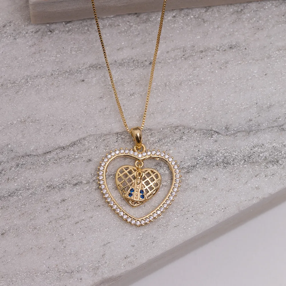 COLAR CORAÇÃO ZIRCÔNIA COM NOSSA SENHORA  BANHO OURO 18K
