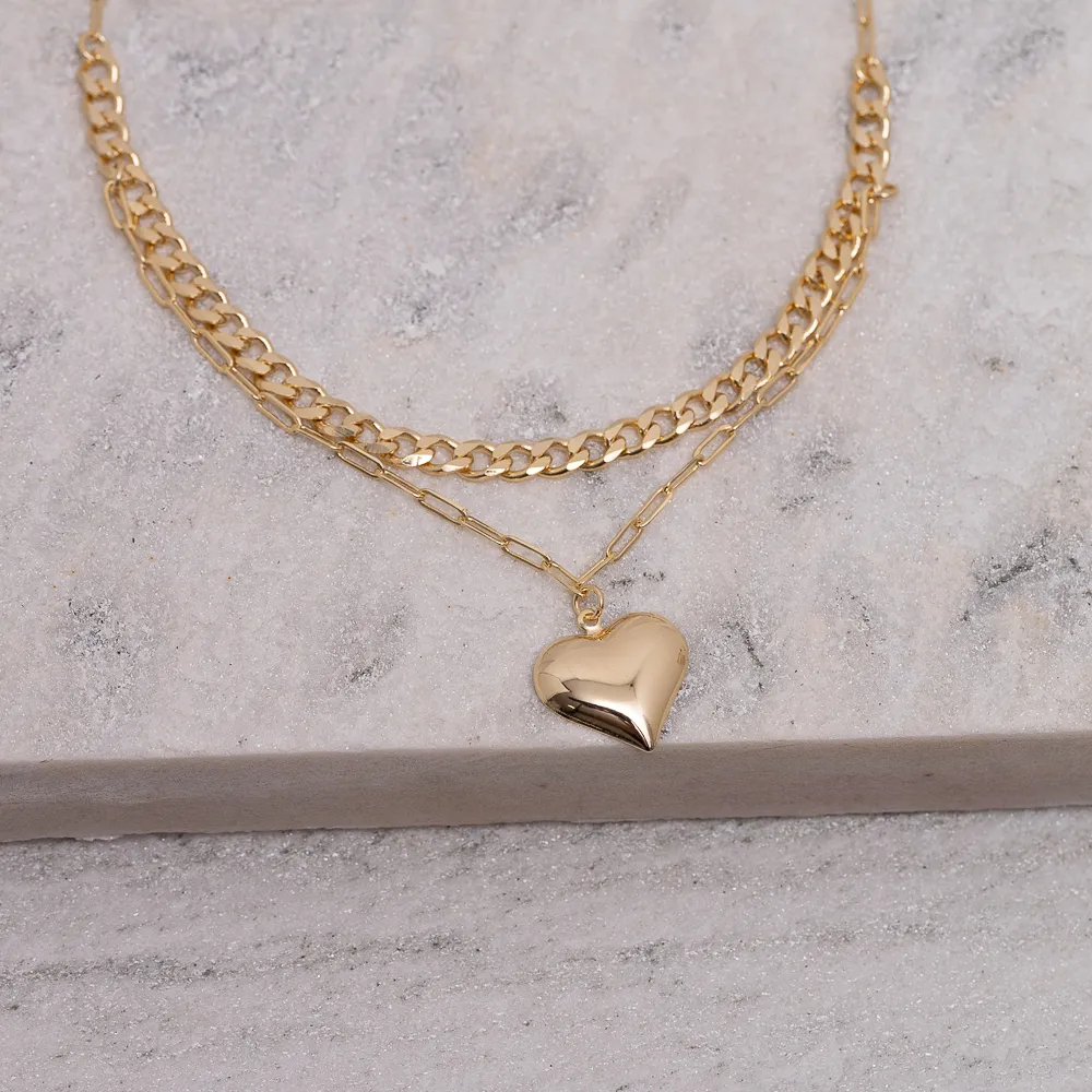 CHOKER  DUPLA COM CORAÇÃ BANHO OURO 18K