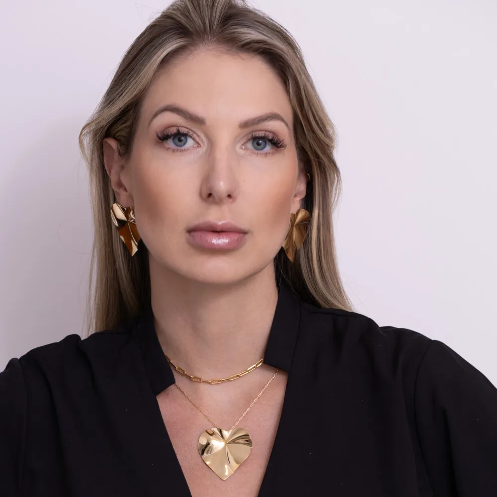CONJUNTO CORAÇÃO LISO GRANDE BANHO OURO 18K