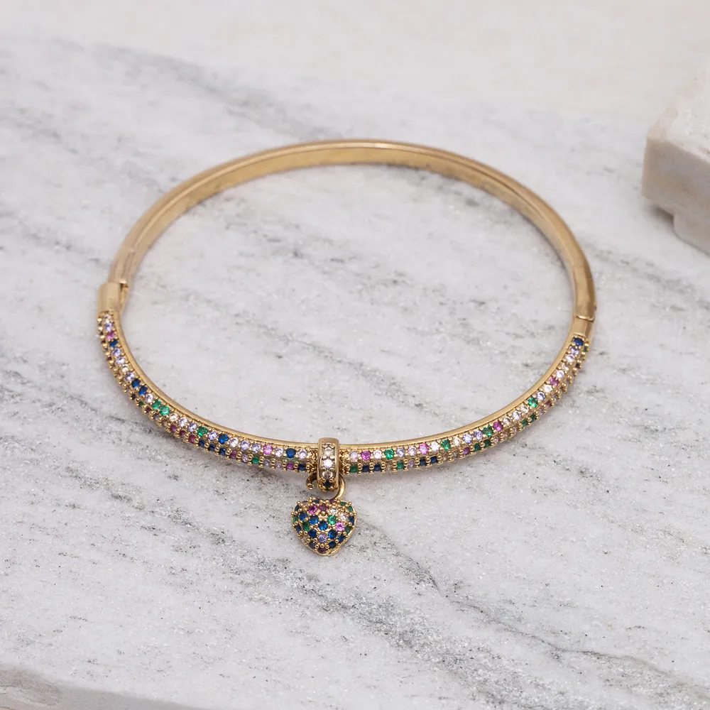 BRACELETE ZIRCÔNIA COM PINGENTE CORAÇÃO COLORIDO BANHO OURO 18K