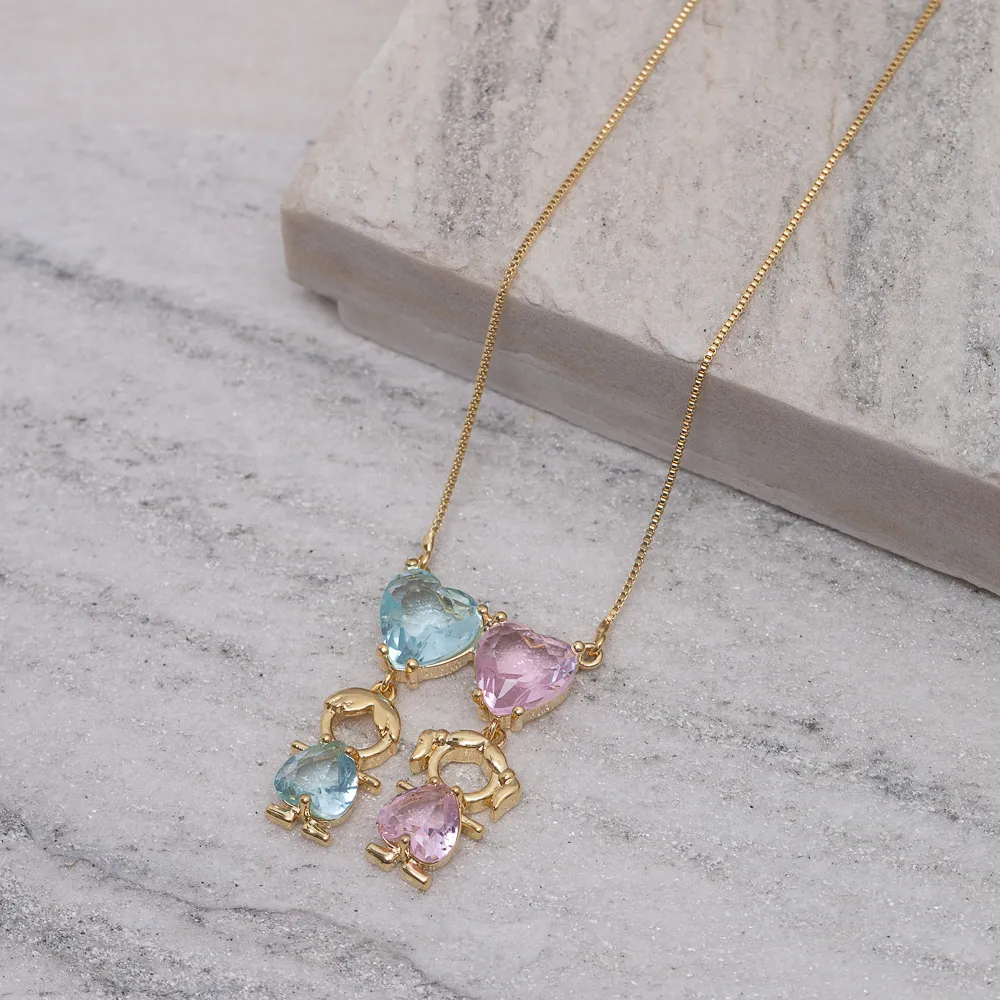 COLAR FILHOS CASAL PEDRA ROSA E AZUL BANHO OURO 18K