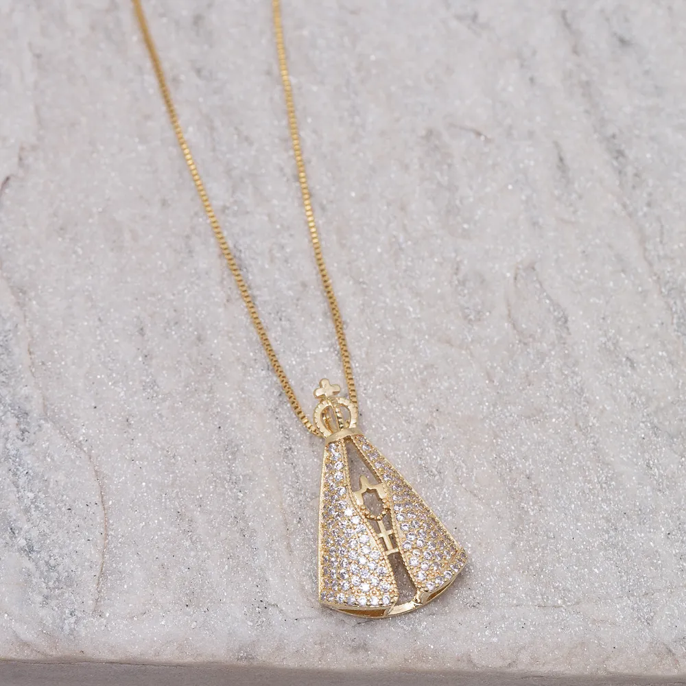 COLAR NOSSA SENHORA ZIRCÔNIA CRISTAL BANHO OURO 18K