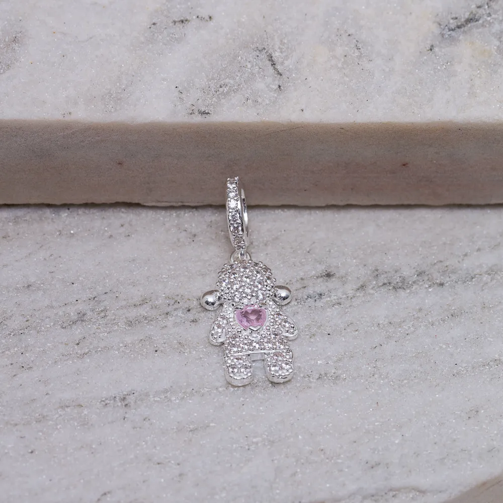 PINGENTE FILHOS MENINA COM ZIRCÔNIAS ROSA E CRISTAL BANHO PRATA