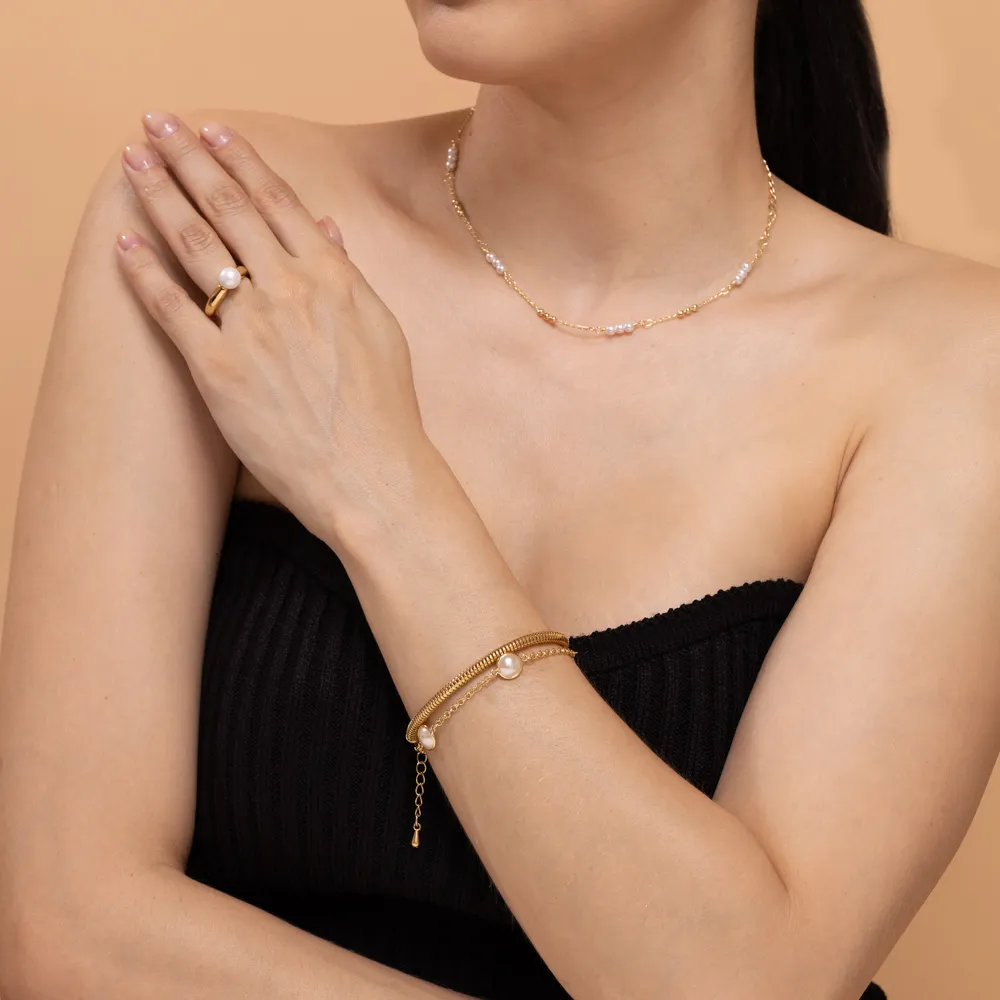 PULSEIRA ELO PORTUGUÊS COM PÉROLAS BANHO OURO 18K