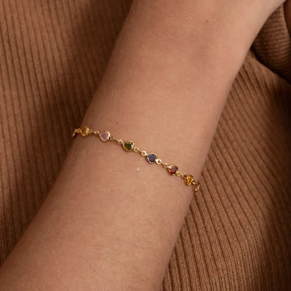 PULSEIRA CORAÇÃO COM PEDRAS COLORIDAS BANHO OURO 18K