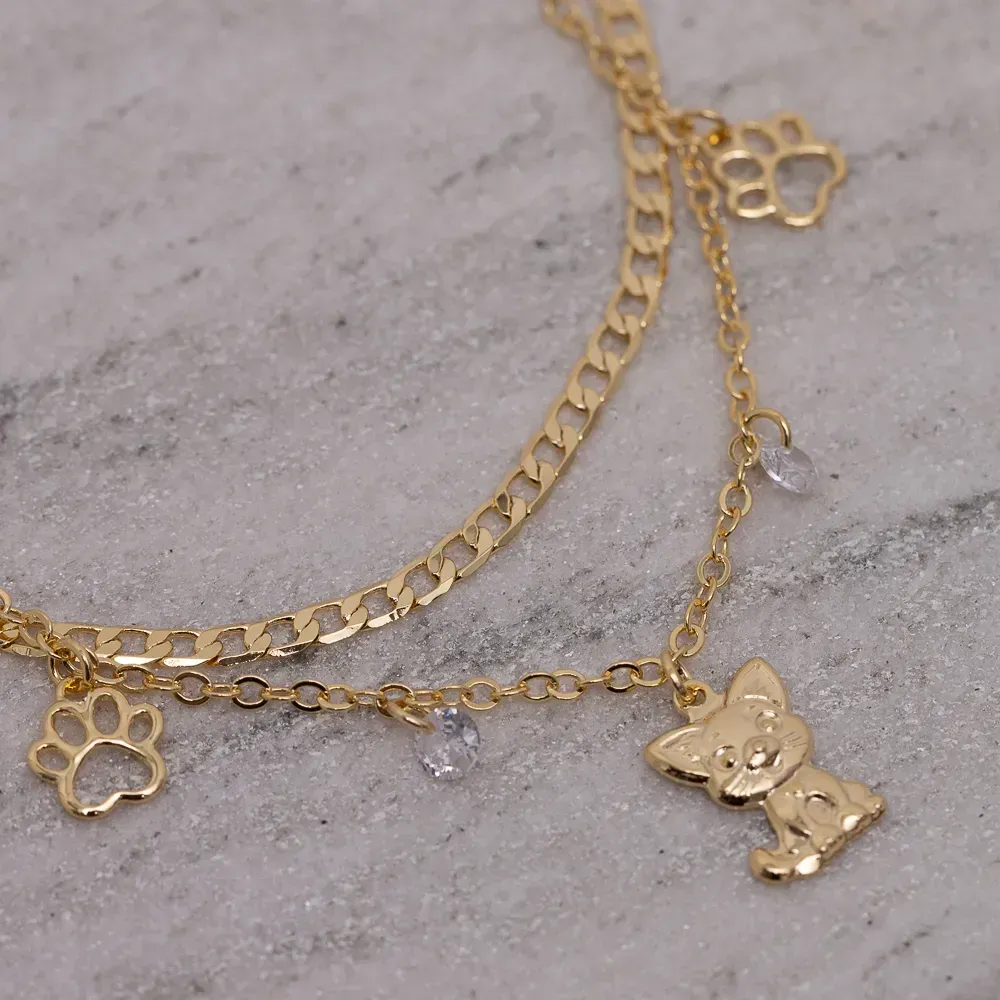 PULSEIRA CORRENTE DUPLA COM GATINHO BANHO OURO 18K