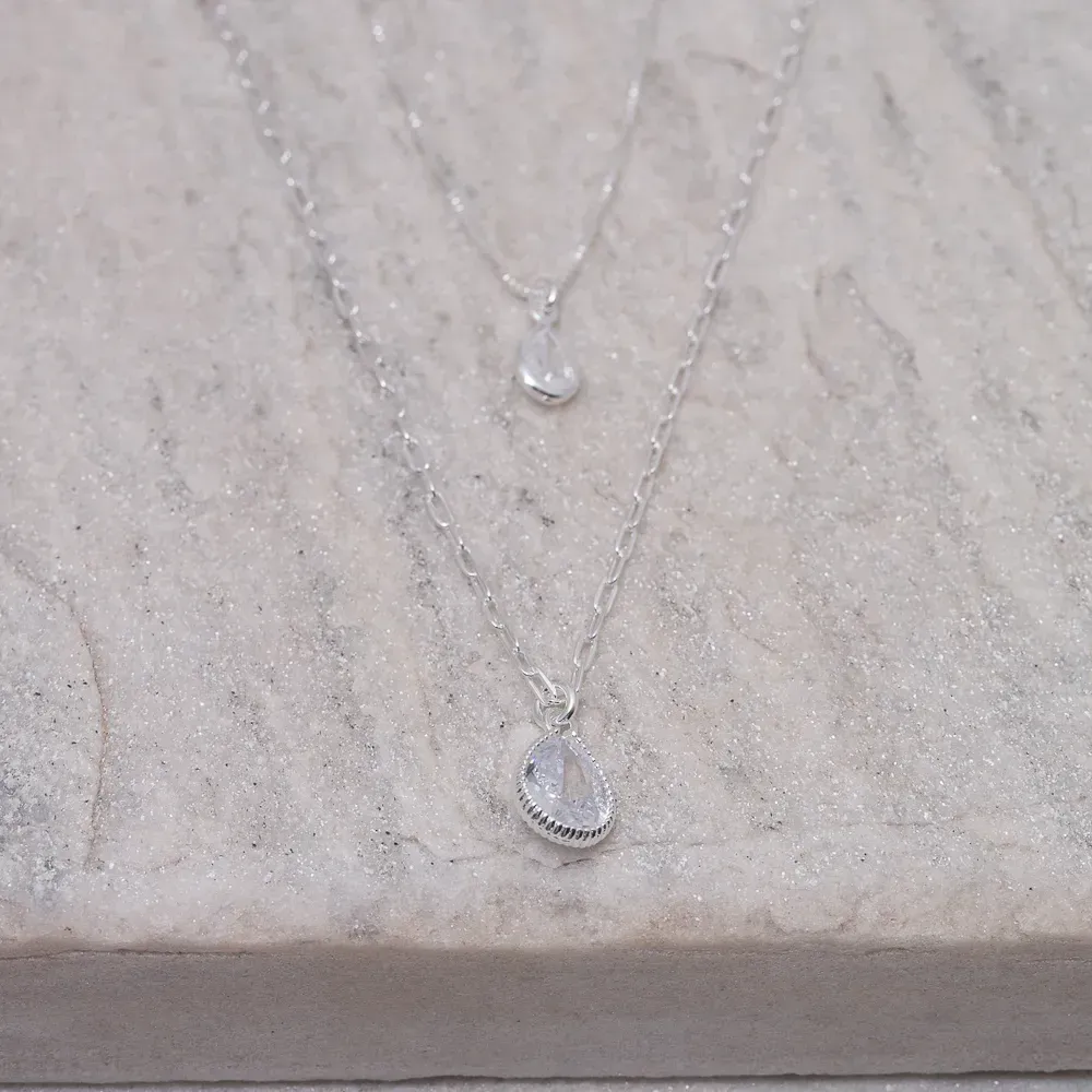 COLAR DUPLO GOTA COM PEDRA ZIRCÔNIA CRISTAL BANHO PRATA