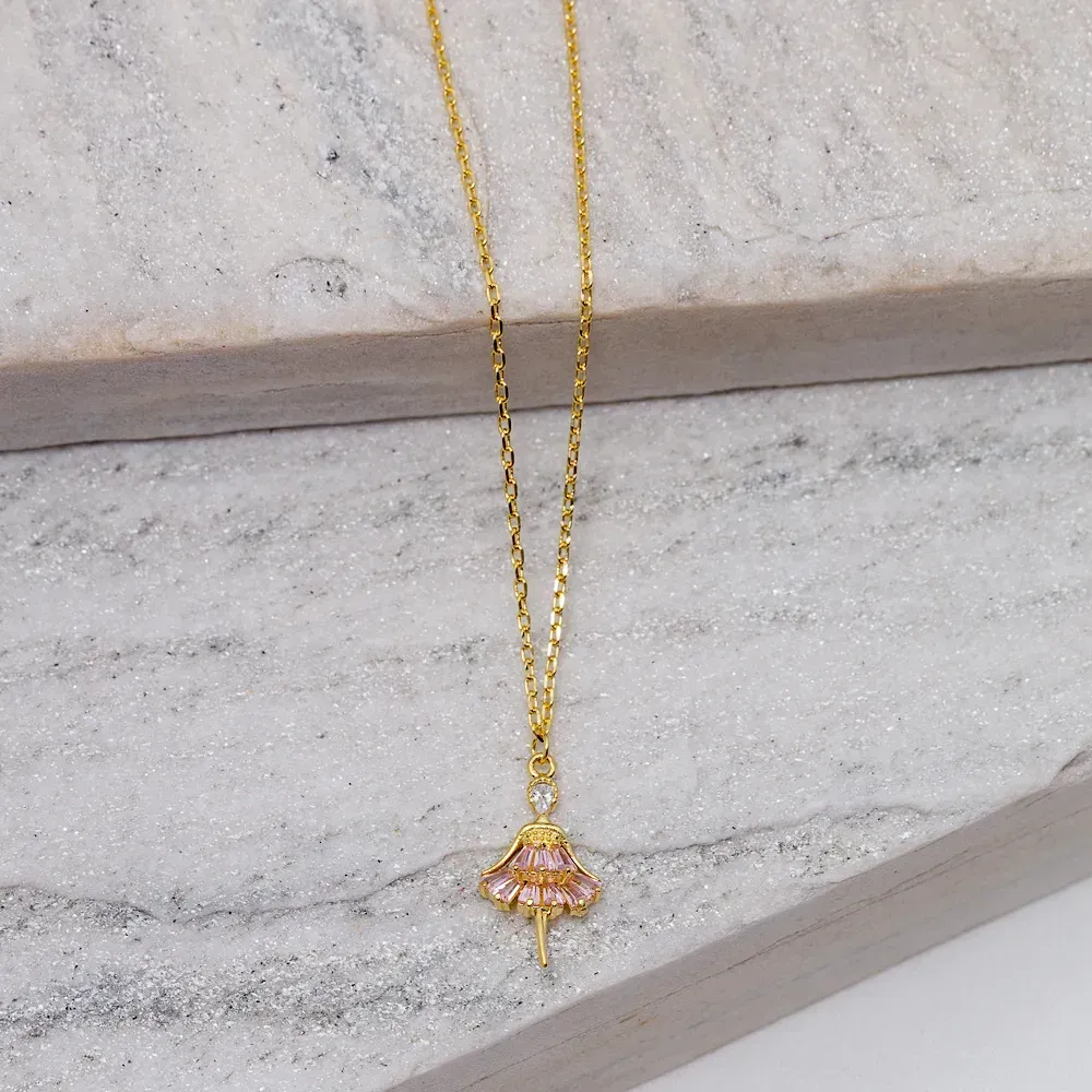 COLAR BAILARINA COM ZIRCÔNIA ROSA BANHO OURO 18K