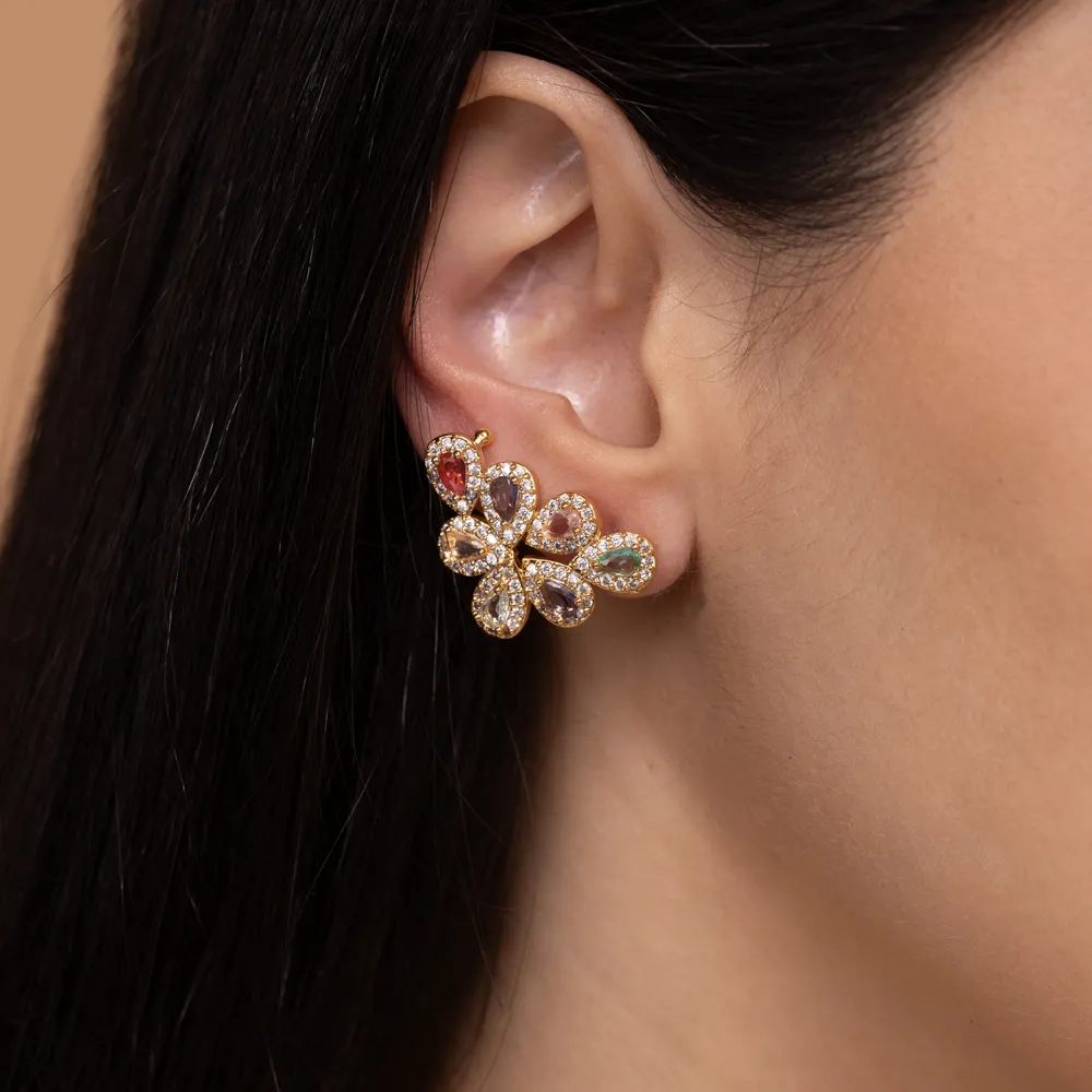 BRINCO EAR CUFF COM ZIRCÔNIAS COLORIDAS BANHO OURO 18K