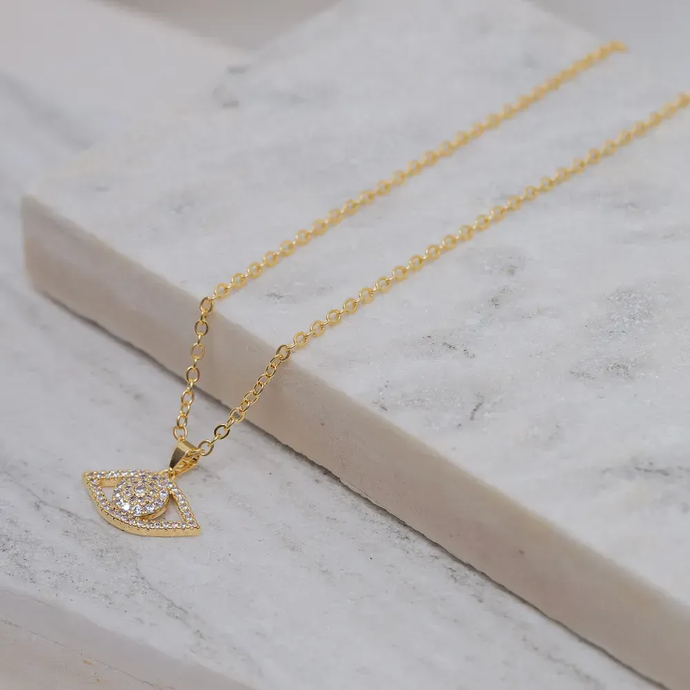 COLAR OLHO GREGO CRAVEJADO COM ZIRCÔNIAS CRISTAIS BANHO OURO 18K