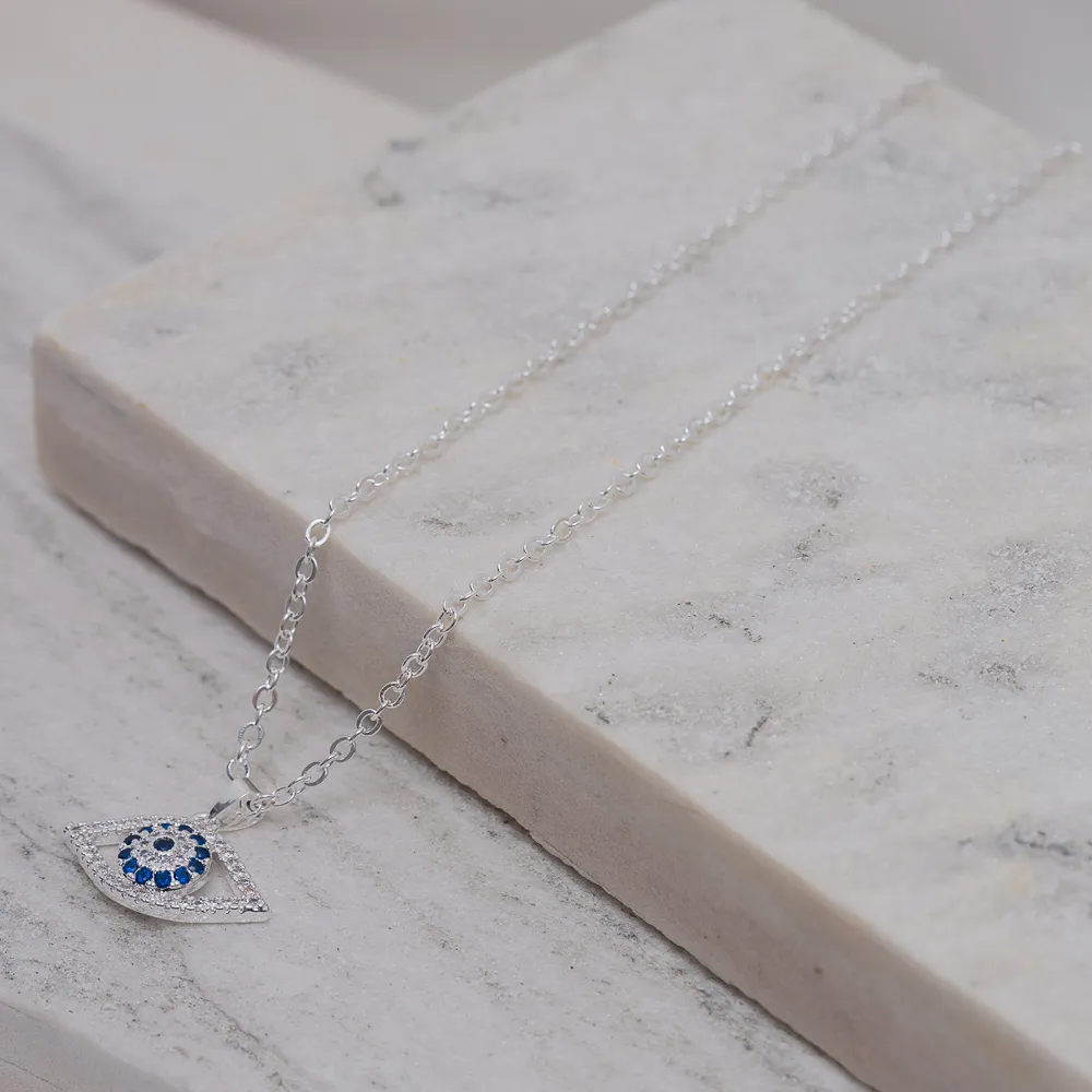 COLAR OLHO GREGO CRAVEJADO COM ZIRCÔNIAS CRISTAIS E AZUL ESCURO BANHO PRATA