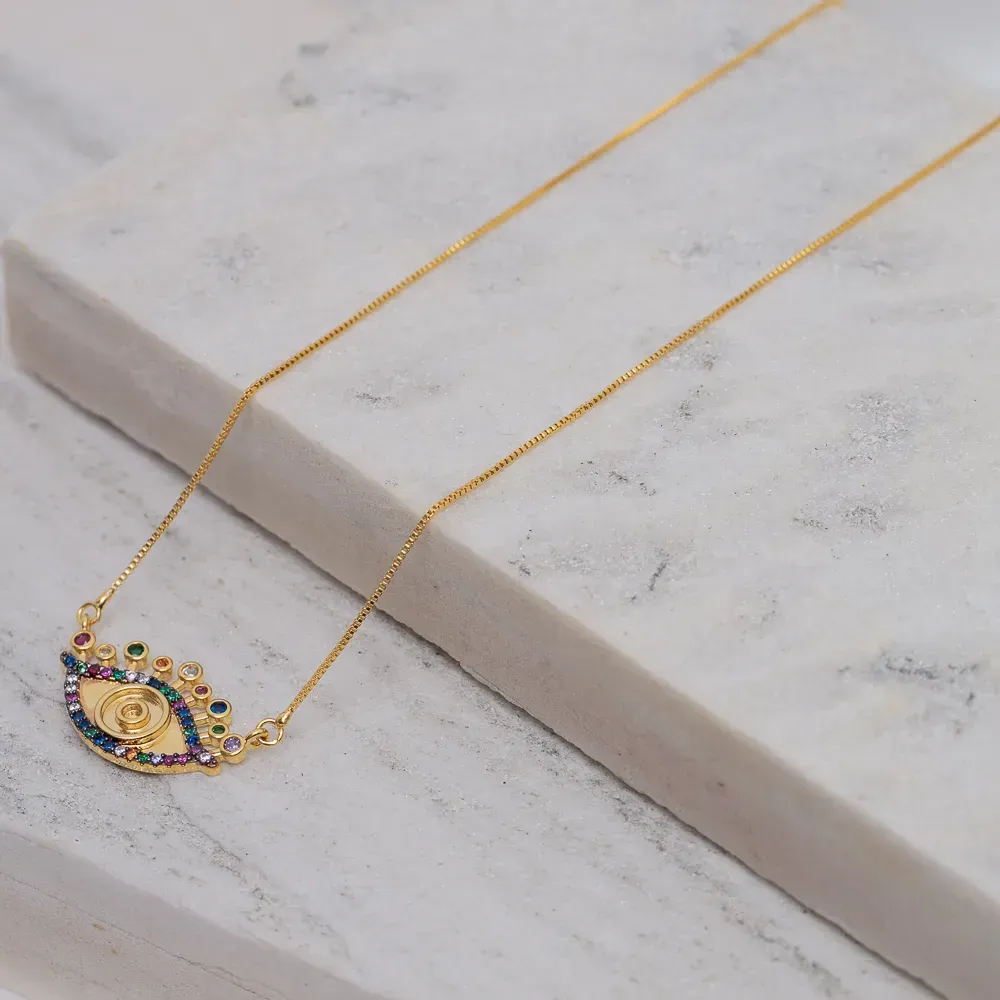 COLAR OLHO GREGO CRAVEJADO COM ZIRCÔNIAS COLORIDAS BANHO OURO 18K