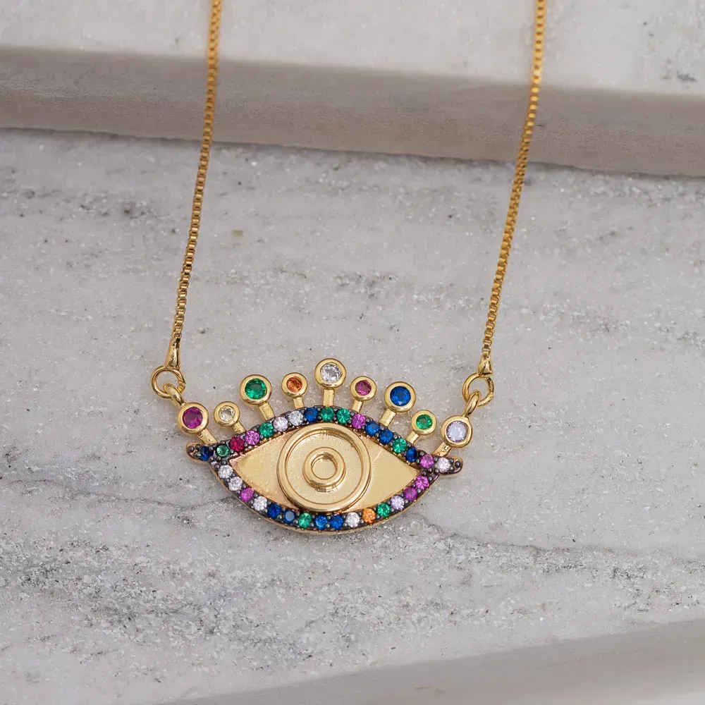 COLAR OLHO GREGO CRAVEJADO COM ZIRCÔNIAS COLORIDAS BANHO OURO 18K