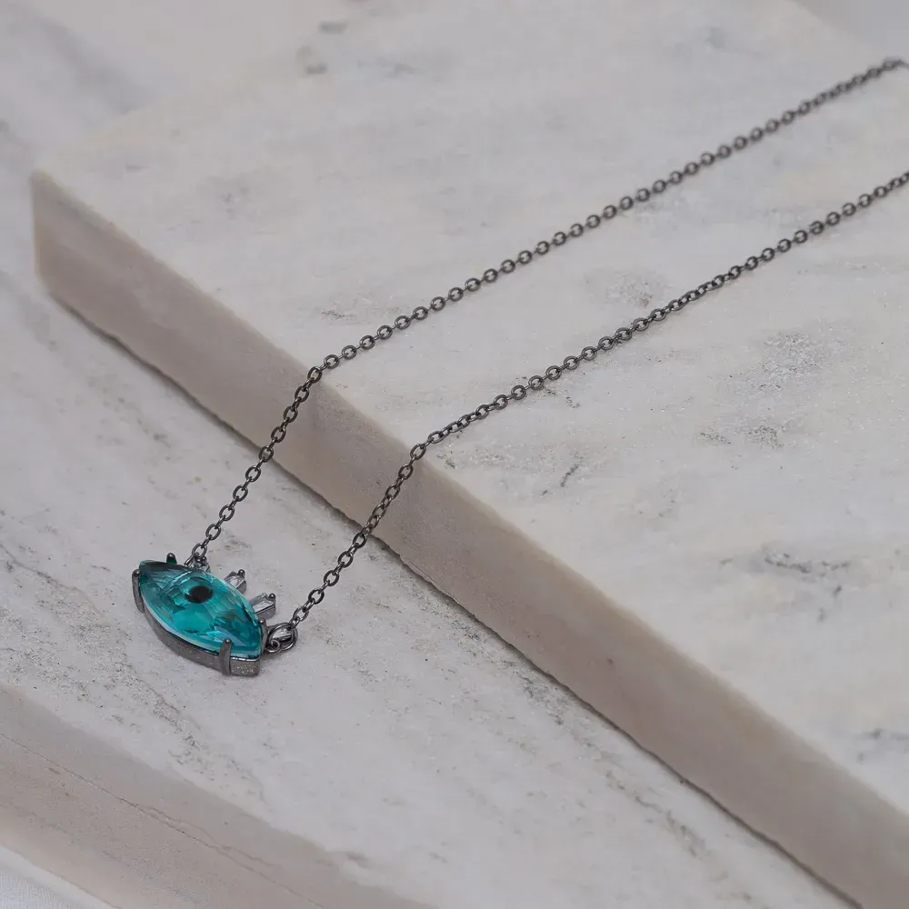 COLAR OLHO GREGO COM PEDRA VERDE BANHO RÓDIO NEGRO