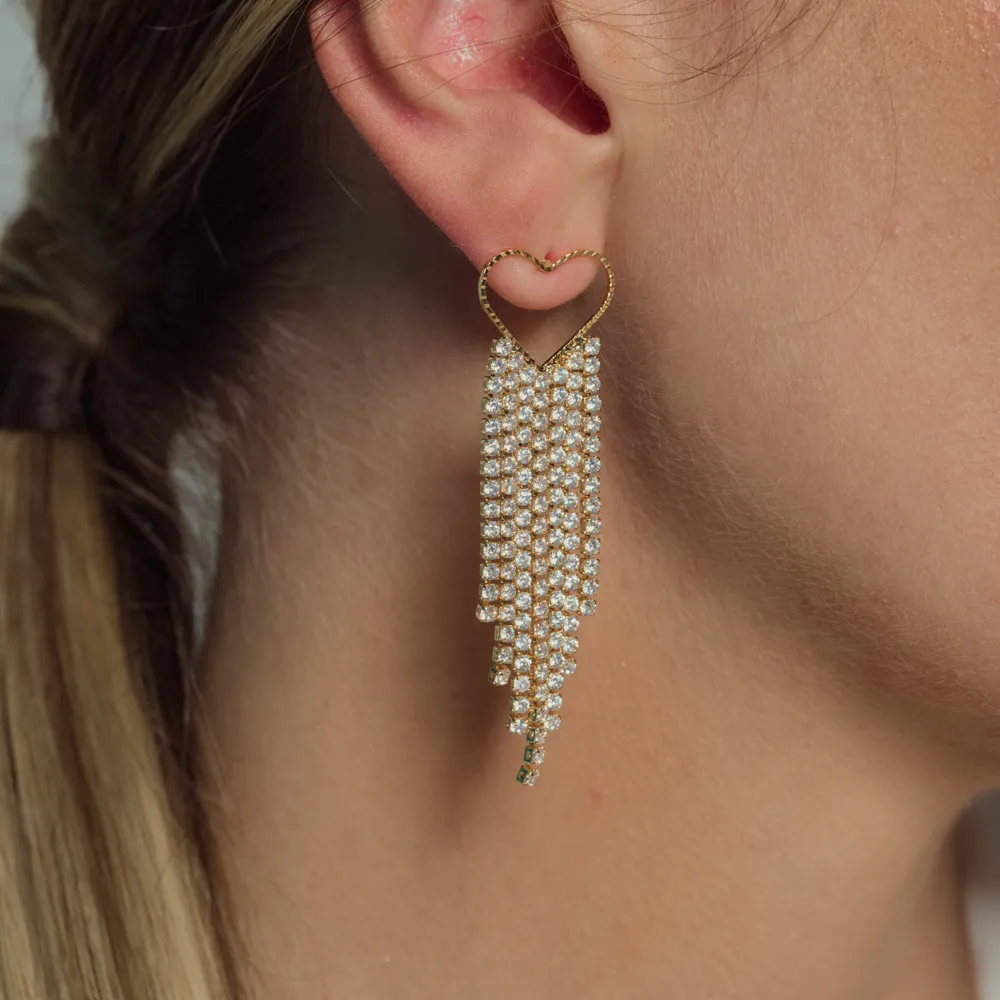 BRINCO FESTA FRANJA BASE CORAÇÃO COM ZIRCÔNIAS CRISTAIS BANHO OURO 18K