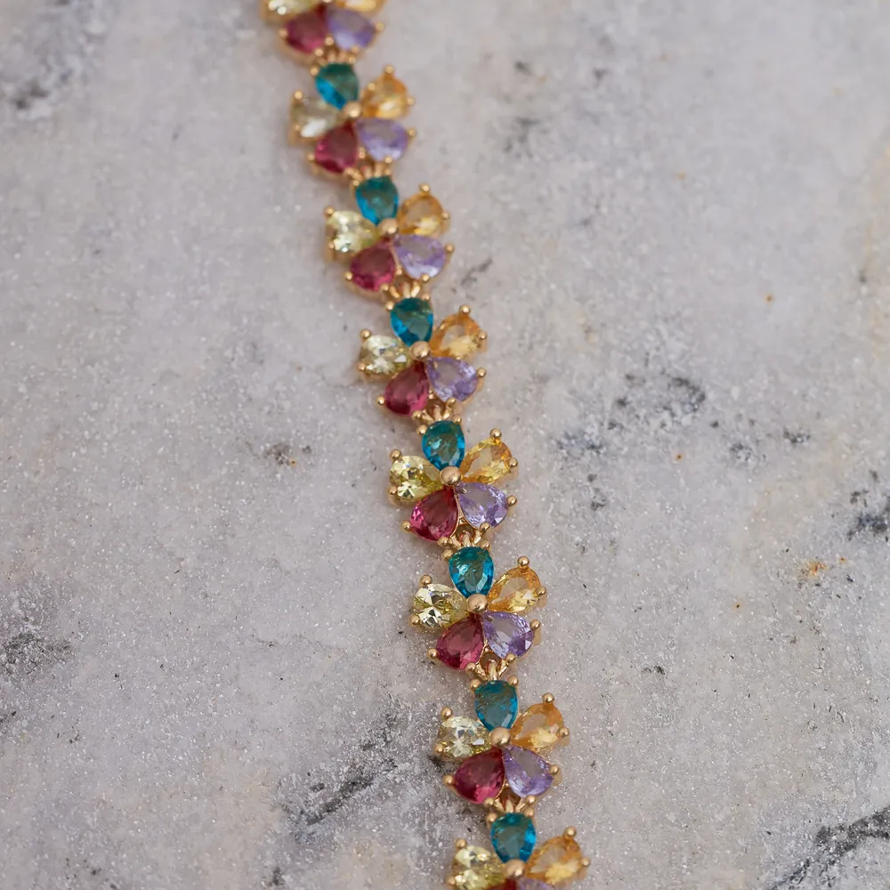 COLAR FLOR COM ZIRCÔNIAS COLORIDAS BANHO OURO 18K
