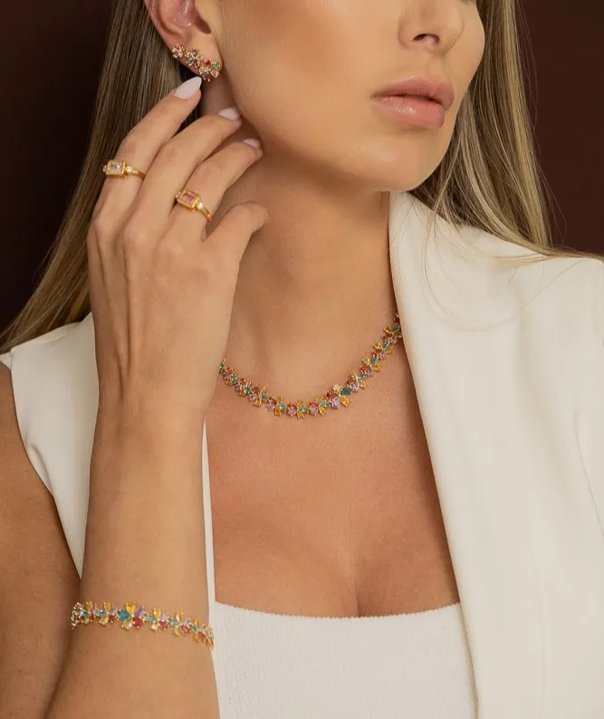 COLAR FLOR COM ZIRCÔNIAS COLORIDAS BANHO OURO 18K