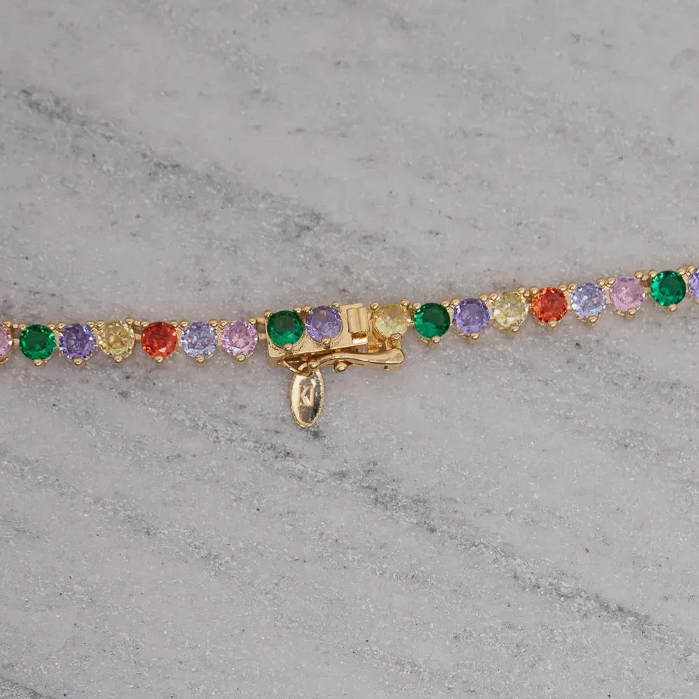 COLAR RIVIERA COM ZIRCÔNIAS REDONDAS COLORIDAS BANHO OURO 18K