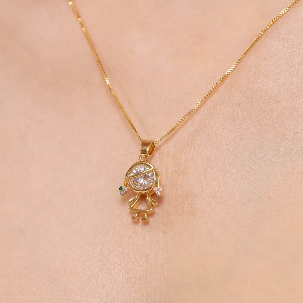 COLAR FILHOS MENINA COM PEDRA ZIRCÔNIA CRISTAL BANHO OURO 18K