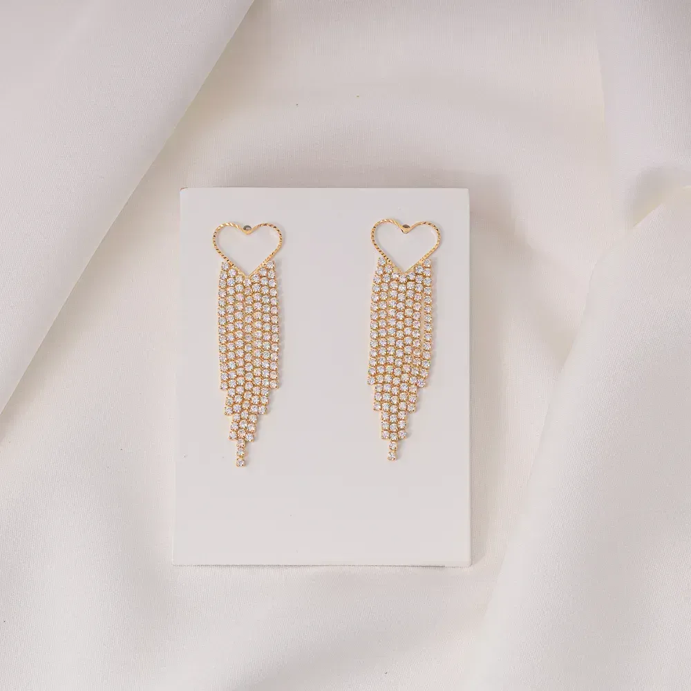 BRINCO FESTA FRANJA BASE CORAÇÃO COM ZIRCÔNIAS CRISTAIS BANHO OURO 18K