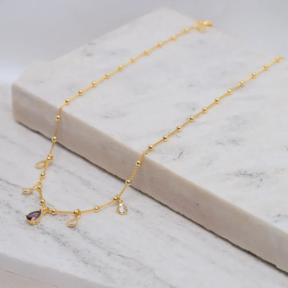 CHOKER BOLINHAS CRISTAIS E GOTA COM ZIRCÔNIA ROXO BANHO OURO 18K