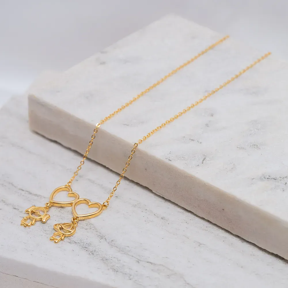 COLAR CASAL FILHOS COM CORAÇÃO DUPLO LISO BANHO OURO 18K