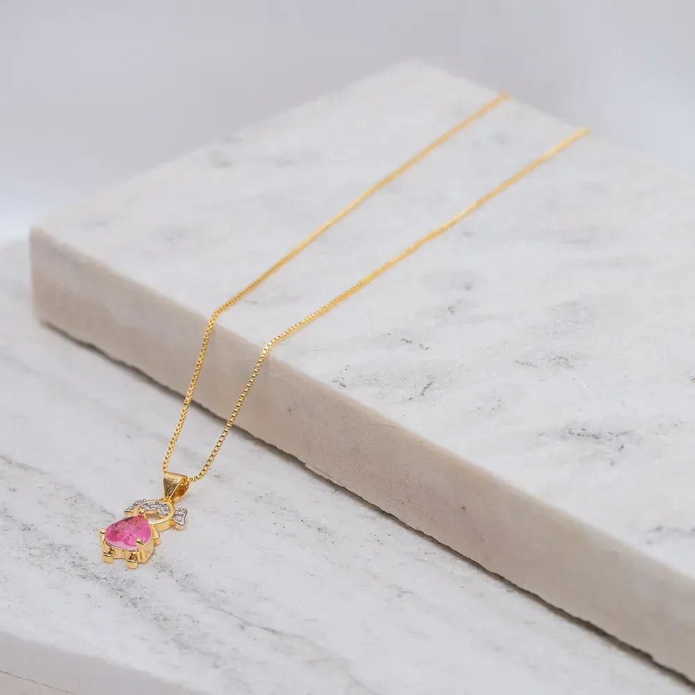 COLAR FILHOS MENINA COM PEDRA PINK BANHO OURO 18K