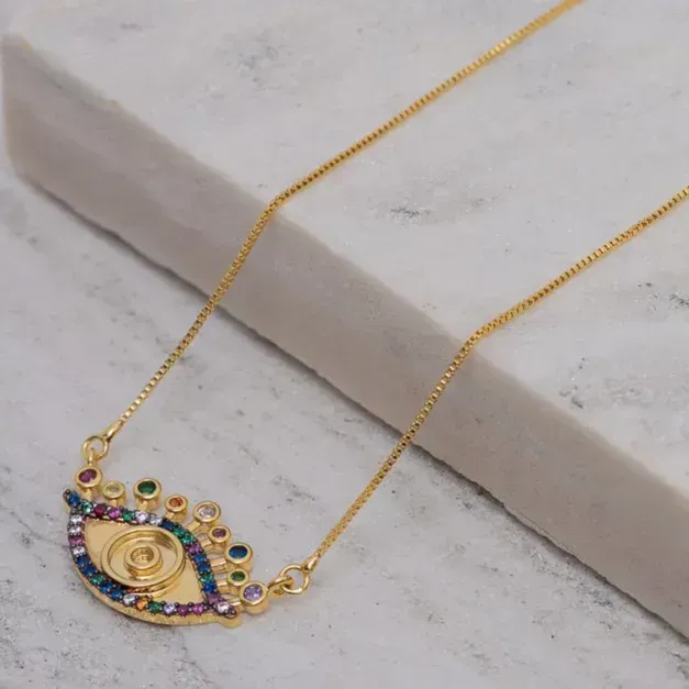 COLAR OLHO GREGO CRAVEJADO COM ZIRCÔNIAS COLORIDAS BANHO OURO 18K