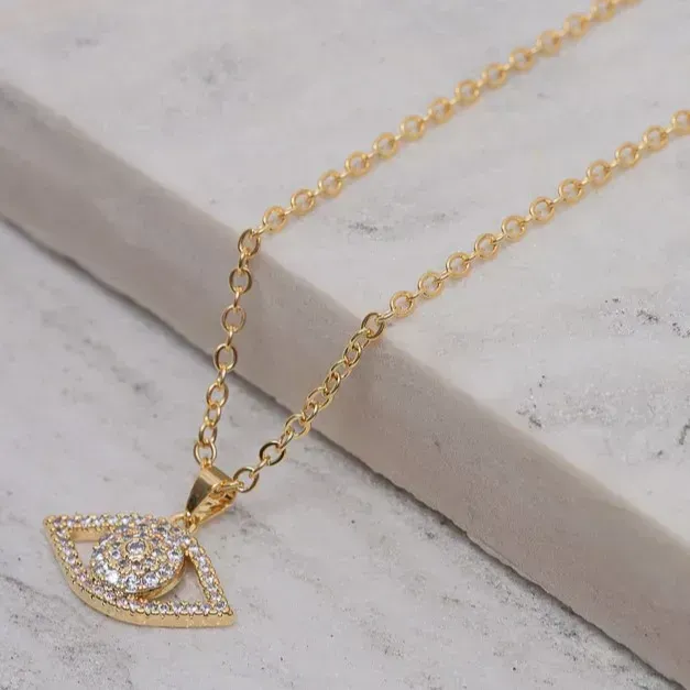 COLAR OLHO GREGO CRAVEJADO COM ZIRCÔNIAS CRISTAIS BANHO OURO 18K