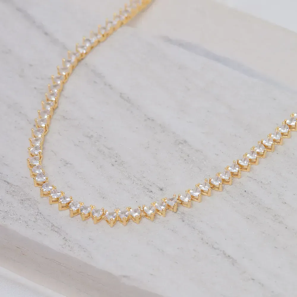 COLAR RIVIERA CRISTAL CORAÇÃO BANHO OURO 18K