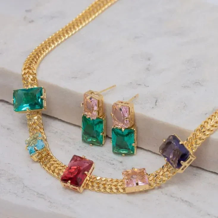 CONJUNTO CORRENTE LACRAIA COM PEDRAS COLORIDAS BANHO OURO 18K
