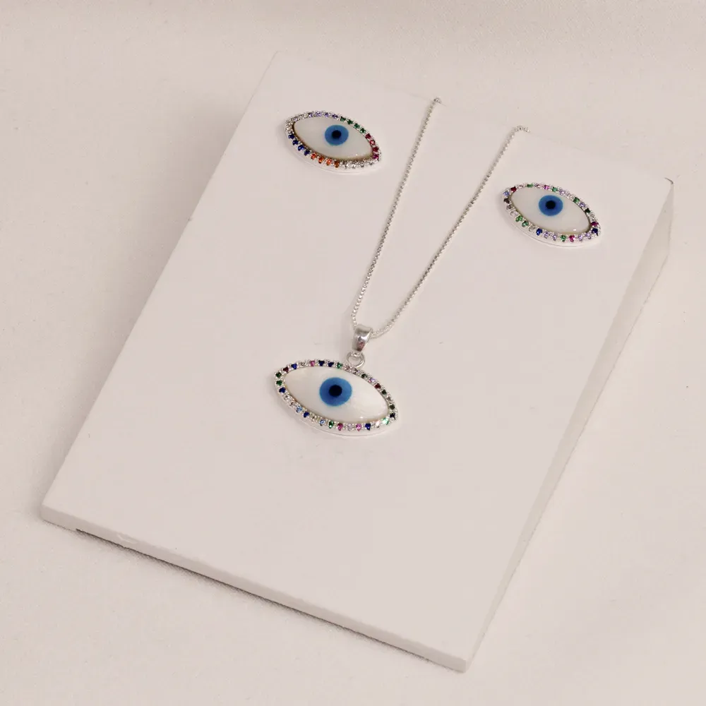 CONJUNTO OLHO GREGO ZIRCÔNIAS COLORIDAS BANHO PRATA