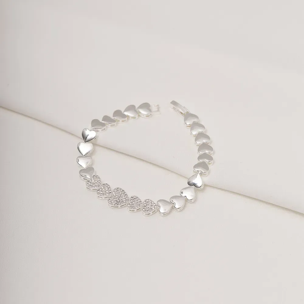 PULSEIRA CORAÇÕES CRAVEJADOS COM ZIRCÔNIAS E LISOS BANHO PRATA