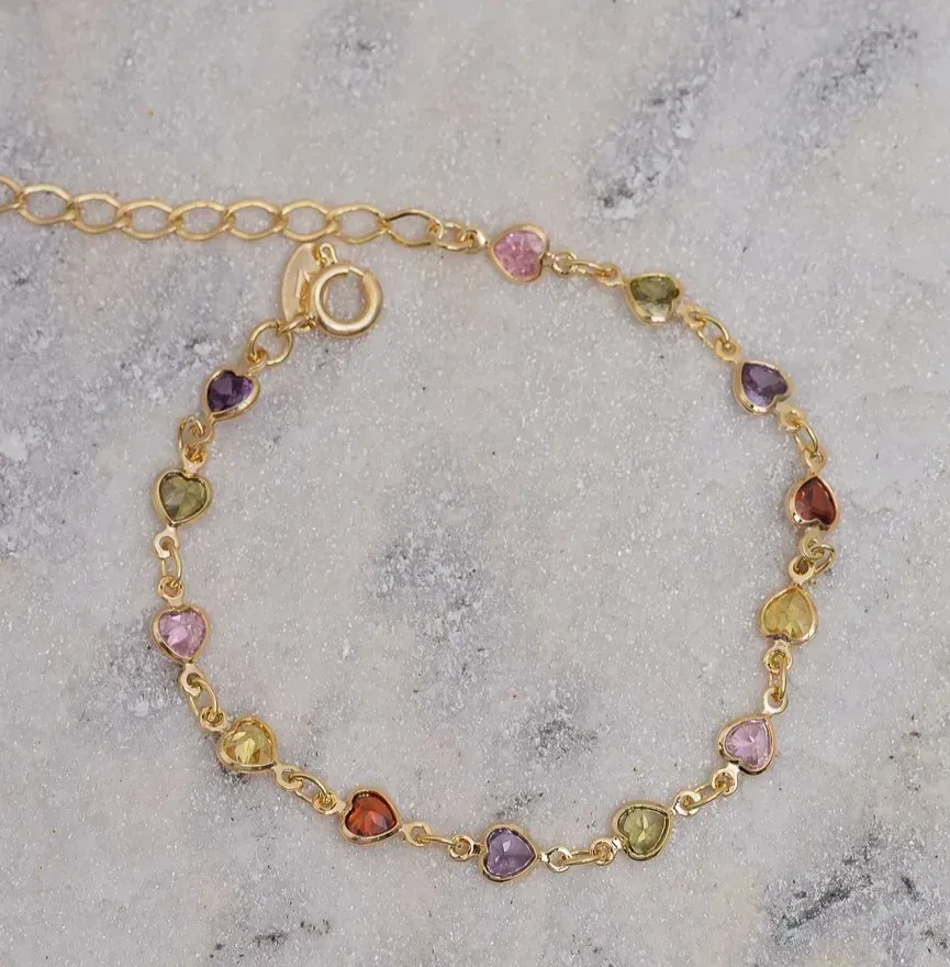 PULSEIRA CORAÇÃO COM PEDRAS COLORIDAS BANHO OURO 18K