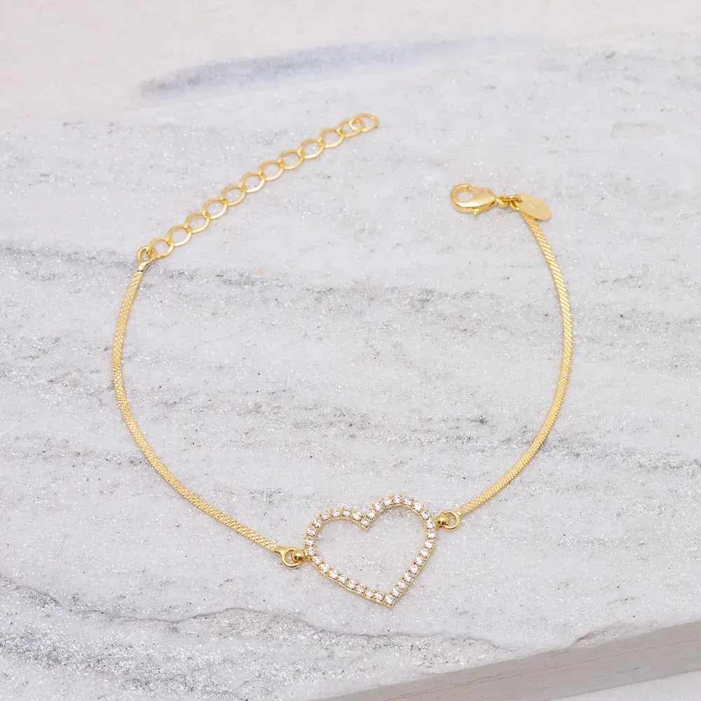 PULSEIRA DIAMANTADA COM CORAÇÃO ZIRCÔNIA BANHO OURO 18K