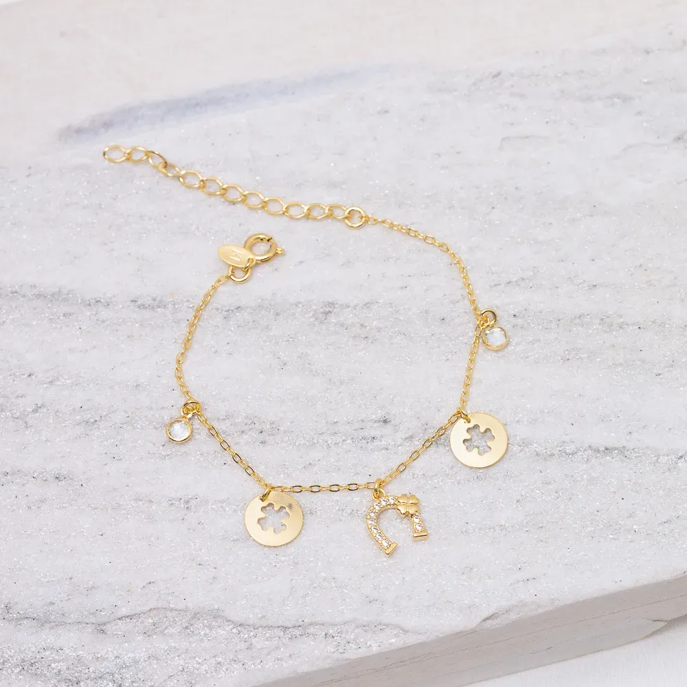 PULSEIRA FERRADURA E TREVO BANHO OURO 18K